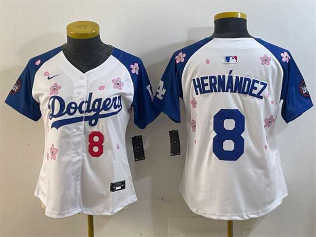 Women%27s Los Angeles Dodgers #8 Enrique Hernandez White Royal 2025 Tokyo Series Limited Stitched Jersey
